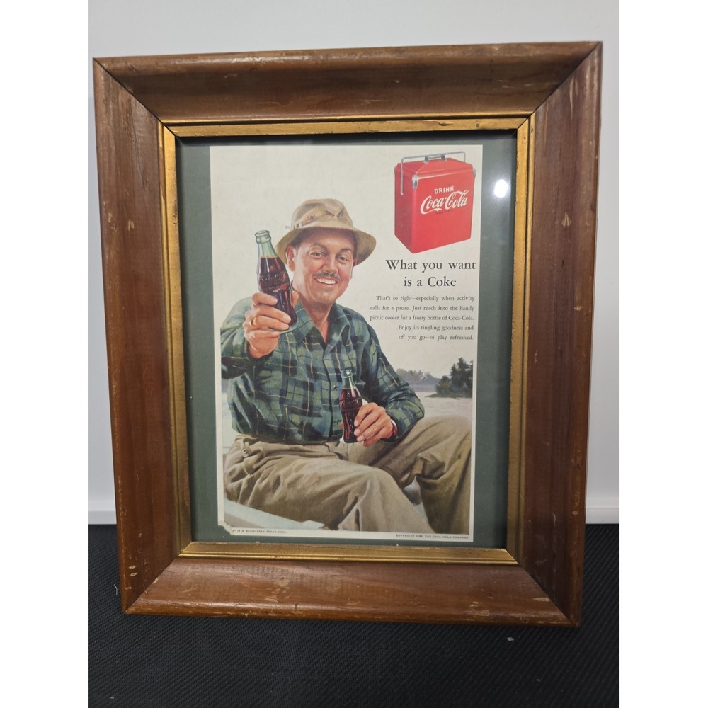 Vintage 1952 Coca-Cola Framed Magazine Ad Picnic Cooler Man Fishing Wood Frame